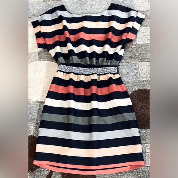 BCBGeneration Color Block Stripe Batwing Sleeves Smocked Waist Silk Mini Dress. - Picture 3 of 7